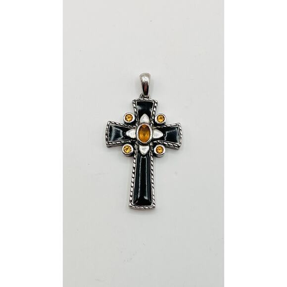 Cross Crucifix Pendant Only Sterling Silver 925 Yellow Tourmaline Black Inlay - Picture 1 of 3